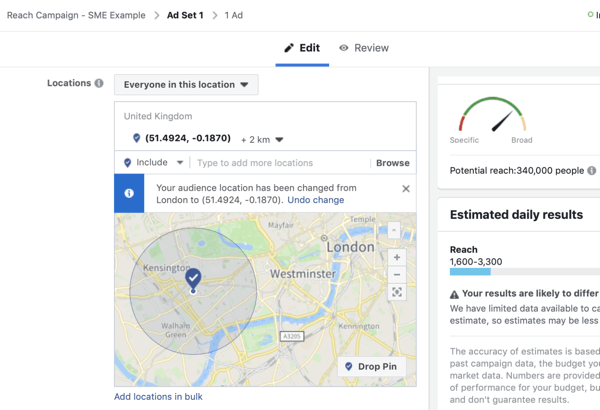 How to create Facebook reach ads, example of location based audience setting for ads