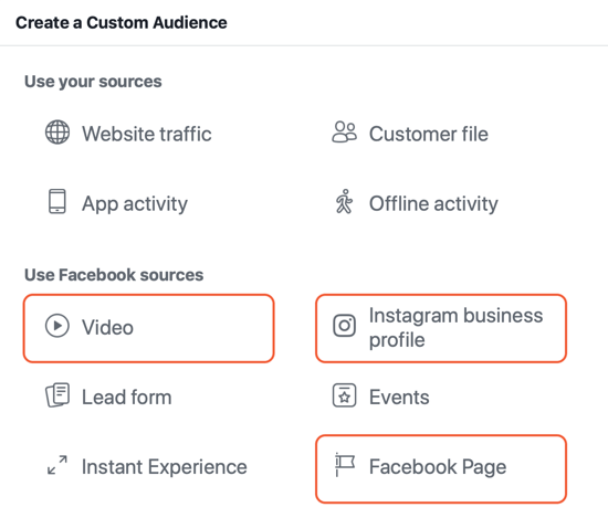 How to create Facebook reach ads, example of sources for engagement custom audiences for ads