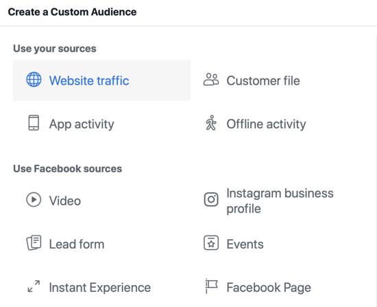 Use the Facebook Event Setup Tool, step 14, Facebook menu option to select website traffic as audience source