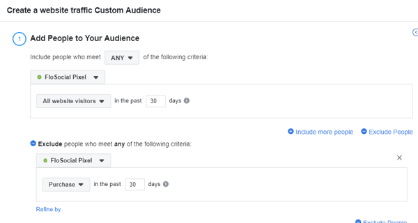 Use the Facebook Event Setup Tool, step 15, settings to create a website traffic custom Facebook audience excluding purchases in the last 30 days