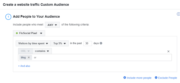 Use the Facebook Event Setup Tool, step 16, settings to create a website traffic custom Facebook audience based on time spent on website