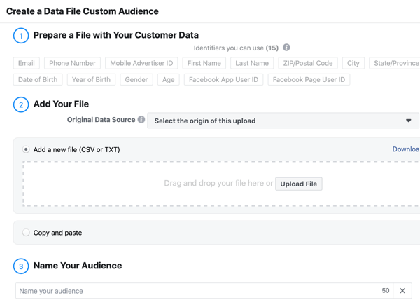 How to use social media to identify prospects from a live event, step 2, create data file custom audience