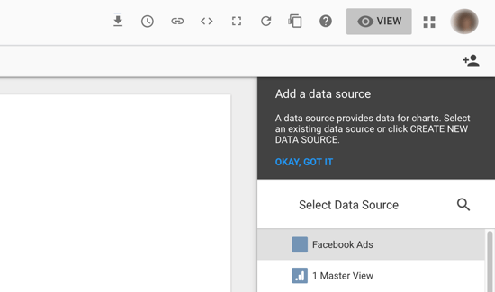 Use Google Data Studio to analyze your Facebook ads, step 7, option to select your data source as your Facebook Ads connector