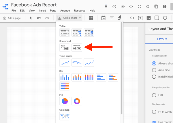 Use Google Data Studio to analyze your Facebook ads, step 8, option to select the scorecard chart in Google Data Studio