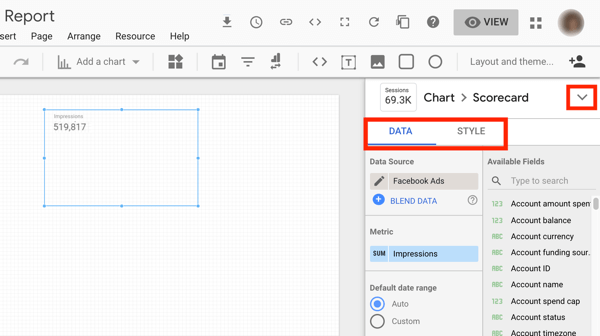 Use Google Data Studio to analyze your Facebook ads, step 9, menu options in Google Data studio to customize your chart data and style