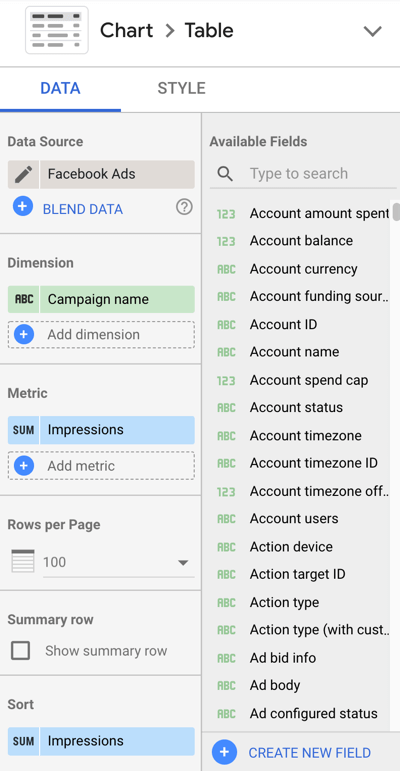 Use Google Data Studio to analyze your Facebook ads, step 10, menu settings to customize your chart data