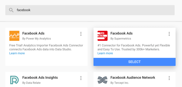 Use Google Data Studio to analyze your Facebook ads, step 4, option to use Facebook Ads connector from Supermetrics as your data source