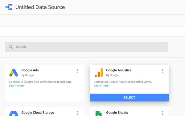 Use Google Data Studio to analyze your Facebook ads, step 2, option to use Google Analytics as your data source