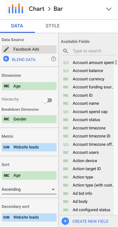 Use Google Data Studio to analyze your Facebook ads, step 20, example data settings to view demographics bar chart