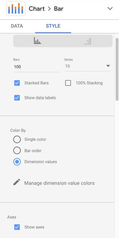 Use Google Data Studio to analyze your Facebook ads, step 21, settings for bar chart style data