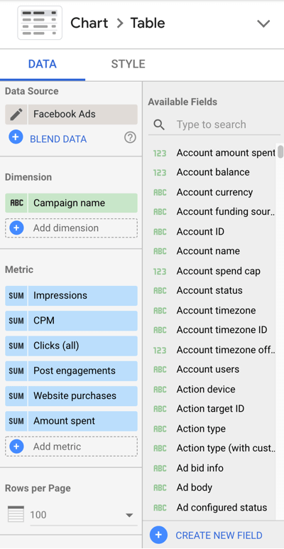 Use Google Data Studio to analyze your Facebook ads, example data settings to view a chart for overall Facebook Ad performance