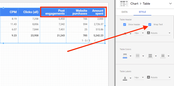 Use Google Data Studio to analyze your Facebook ads, step 13, option to wrap header text