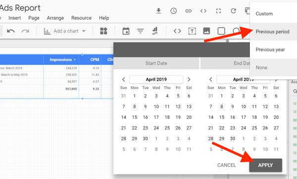 Use Google Data Studio to analyze your Facebook ads, step 14, option to update the date range for your data comparison