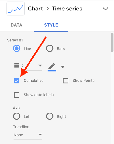 Use Google Data Studio to analyze your Facebook ads, step 24, chart style setting for cumulative data line