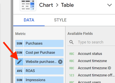 Use Google Data Studio to analyze your Facebook ads, step 15, edit metric settings for chart data