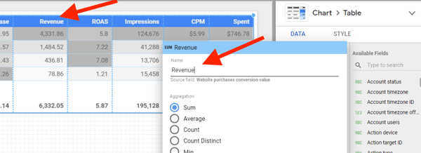 Use Google Data Studio to analyze your Facebook ads, step 16, option to update metric names