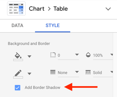 Use Google Data Studio to analyze your Facebook ads, step 19, option to add a border shadow for appearance