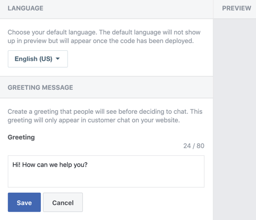 Use Google Tag Manager with Facebook, step 10, setting for preferred language and welcome greeting for your Facebook Customer Chat plugin