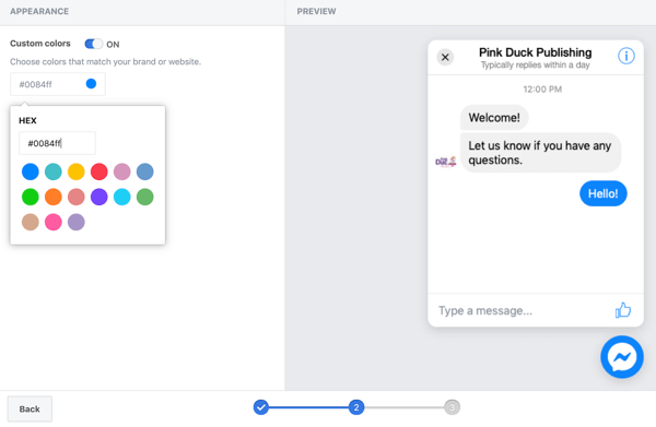 Use Google Tag Manager with Facebook, step 11, options to set custom colors for your Facebook chat plugin