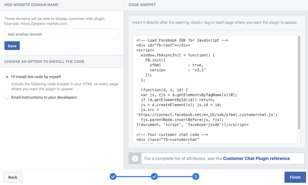 Use Google Tag Manager with Facebook, step 12, option to finish setting up your Facebook Customer Chat plugin 