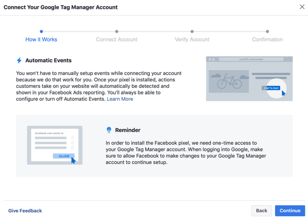 Use Google Tag Manager with Facebook, step 6, continue button when connecting Google Tag Manager to your Facebook account