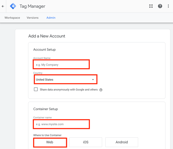 Use Google Tag Manager with Facebook, step 1, setting to add a new Google Tag Manager account