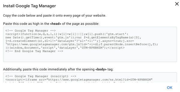 Use Google Tag Manager with Facebook, step 2, code for Google Tag Manager
