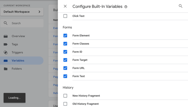 Use Google Tag Manager with Facebook, step 18, menu option to configure Google Tag Manager variables