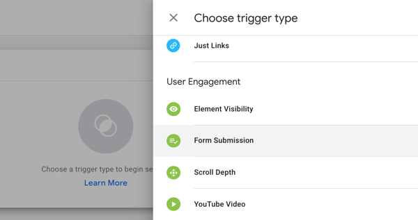 Use Google Tag Manager with Facebook, step 19, menu options to choose trigger type in Google Tag Manager