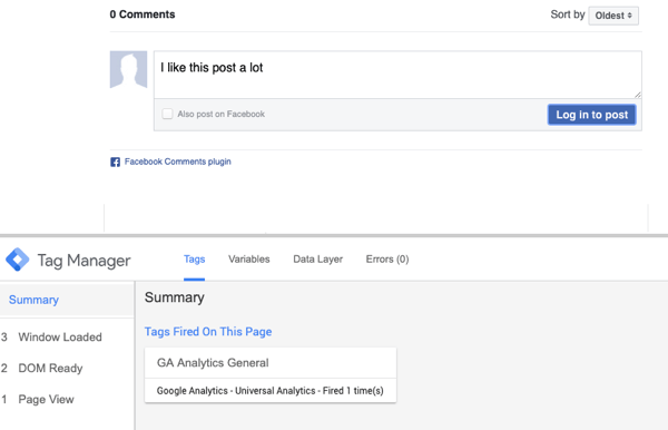 Use Google Tag Manager with Facebook, step 23, preview of comment with summary selection for fired Facebook Tag