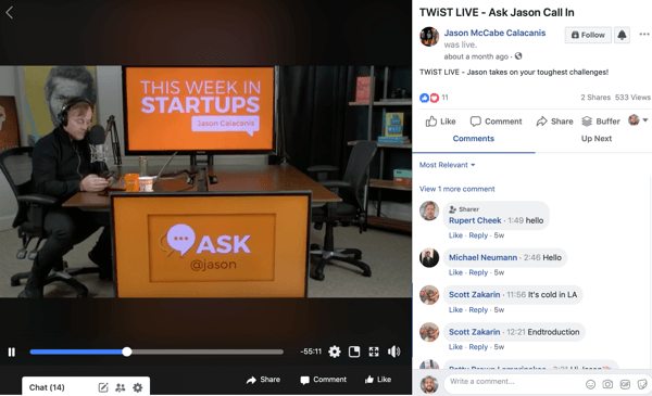 Use a six-step workflow to create video for multiple platforms, example of a live stream Facebook video from Jason McCabe Calacanis