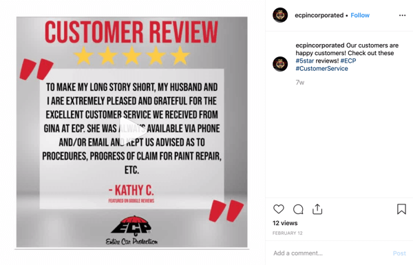 How to use social proof in your marketing, example spotlighted customer review on social of ecpincorporated