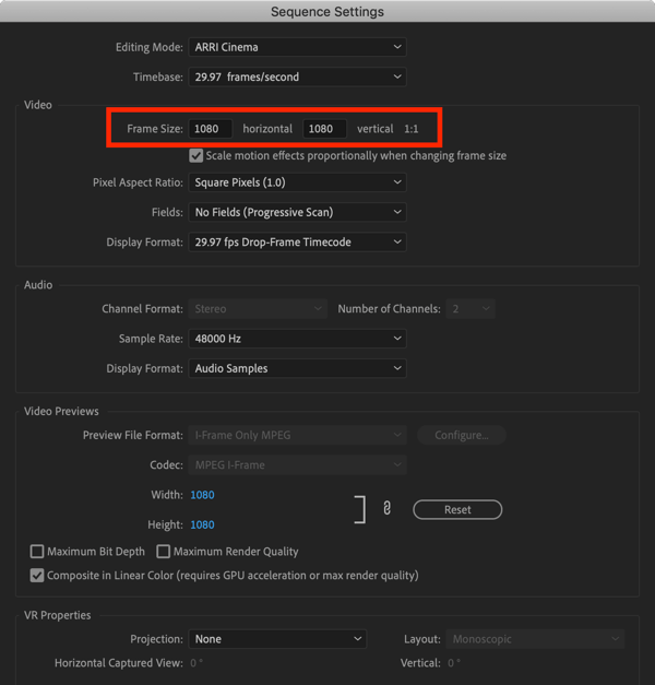 Use a six-step workflow to create video for multiple platforms, step 2, settings to adjust video frame size in Premiere Pro