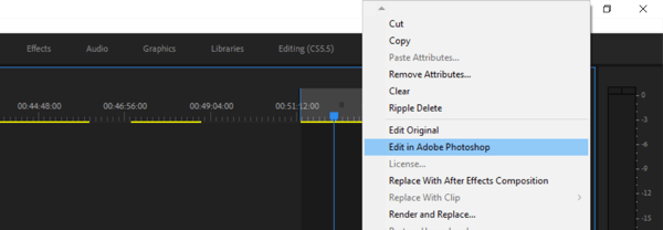 Use a six-step workflow to create video for multiple platforms, step 9, menu option to edit in Photoshop from Premiere Pro