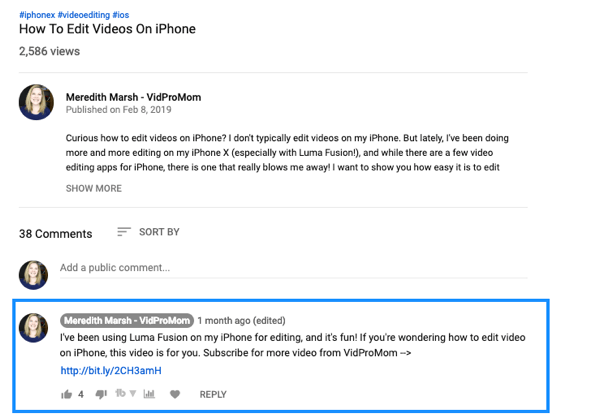 How to use a video series to grow your YouTube channel, example of a pinned YouTube video comment with link by Meredith Marsh