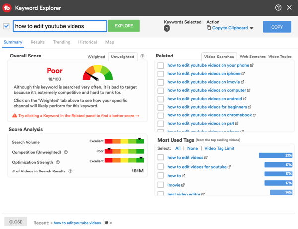 How to use a video series to grow your YouTube channel, example data output from TubeBuddy's keyword explorer tool