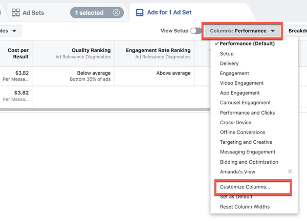 Customizing Facebook Ads Manager to customize the columns.