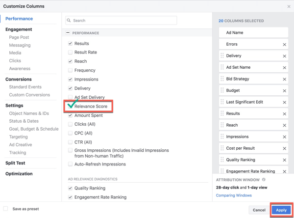 Add Relevance Score to your Facebook Ads Manager reporting columns.