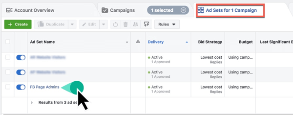 Locate your Ad Set in Facebook Ads Manager.