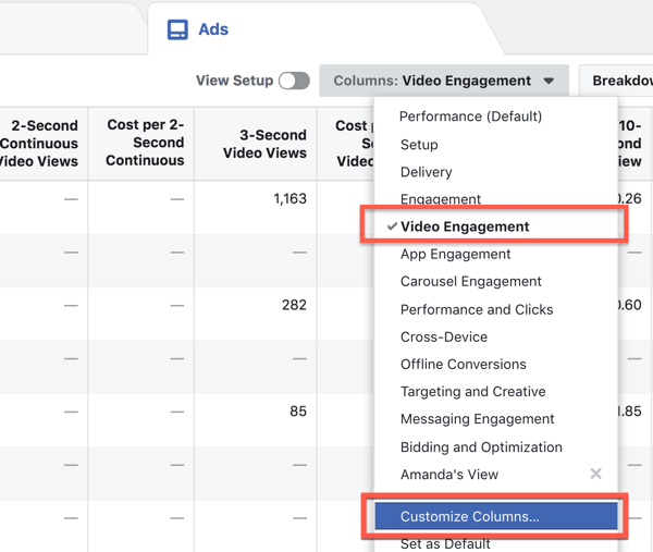 Customize report columns in Facebook Ads Manager.