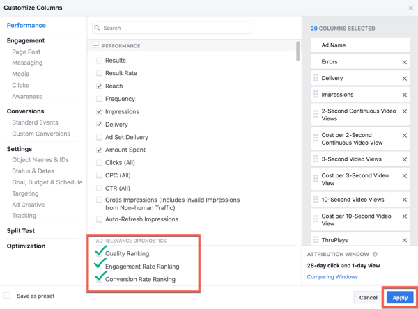 Adding Quality Ranking, Engagement Rate Ranking, and Conversion Rate Ranking report columns.