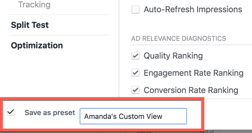 Saving a custom report view in Facebook Ads Manager.