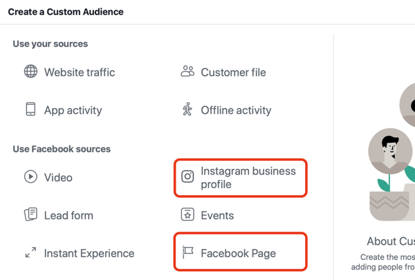 Use Facebook ads to advertise to people who visit your Facebook page or Instagram, Step 1.