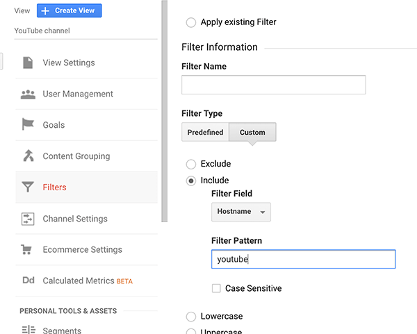 Google Analytics how to set up view that filters YouTube channel traffic step 2