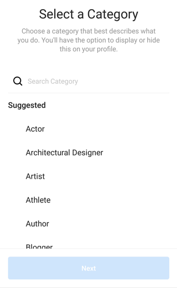 Instagram Creator Profile Category selection, Step 1.