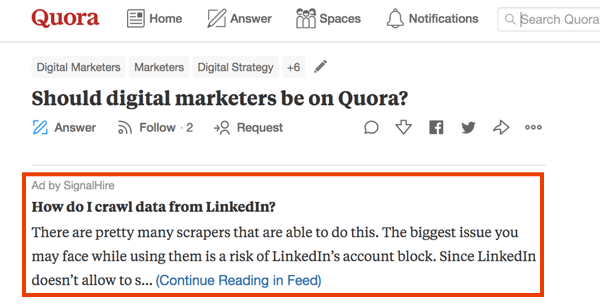 Example of marketing on Quora with a paid ad.