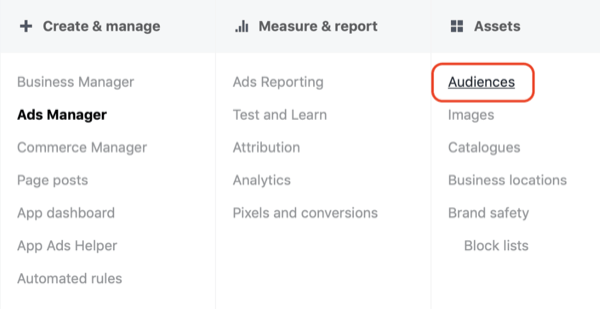 Access the Facebook audiences dashboard.