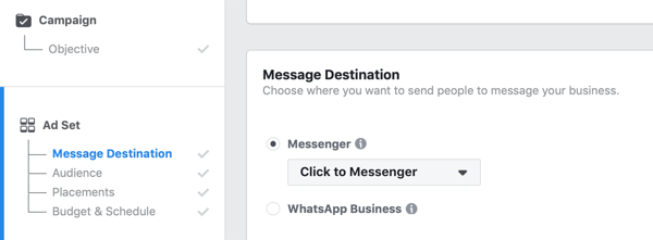 Facebook Click to Messenger ads, step 1.