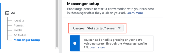 Facebook Click to Messenger ads, step 2.