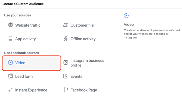 Create the Facebook custom audience of video viewers, step 1.